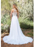 V Neck Ivory Lace Chiffon High Slit Wedding Dress